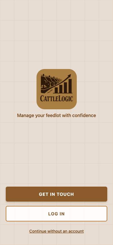 Welcome screen with three primary CTAs: GET IN TOUCH, LOG IN, Continue without an account