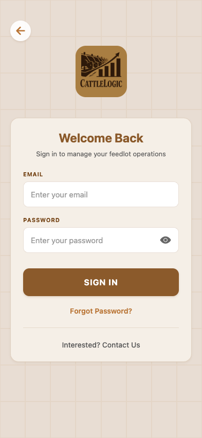 Login screen, empty: Email and Password fields, SIGN IN button, Forgot Password link, Interested? Contact Us link