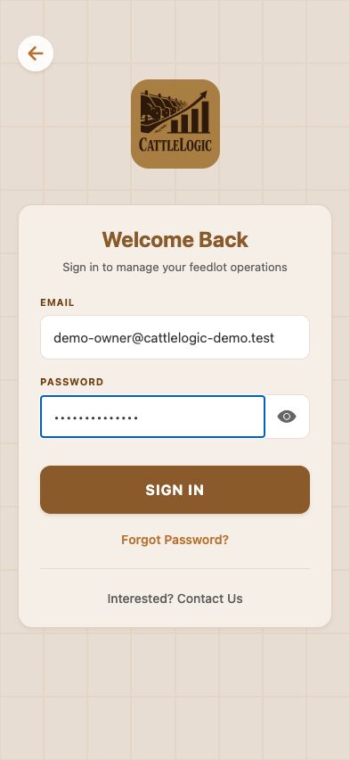 Login screen with the demo owner credentials filled in: demo-owner@cattlelogic-demo.test