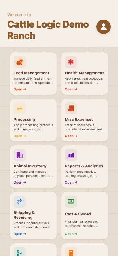 Cattle Logic dashboard for Cattle Logic Demo Ranch — 14 module cards in a 2-column grid: Feed Management, Health Management, Processing, Misc Expenses, Animal Inventory, Reports & Analytics, Shipping & Receiving, Cattle Owned, Sort & Merge Lots, Breakeven Projections, Allocations, Feed & Pharma Inventory, Invoicing, Users & Permissions