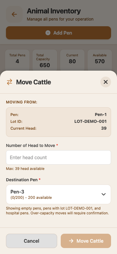 Pen detail dialog: Move Cattle modal with Moving From context, Max head available, Destination Pen dropdown showing eligible targets