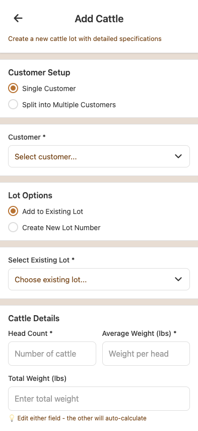 Add Cattle form, top of multi-section input — customer dropdown, partnership picker, lot picker, head count, weight
