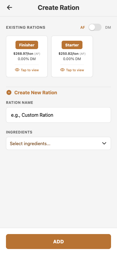 Create Ration screen — name, target DM %, ingredients list with order and percentage, calculated DM display