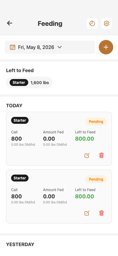 Feed Entry modal — pen, ration, called amount, fed amount, passes (multi-delivery support), DM-per-head readout