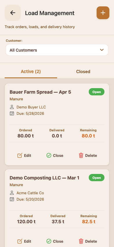 Manure Load Management page — Customer dropdown set to 