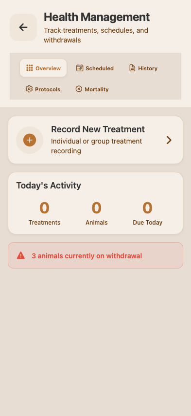 Health Management dashboard — recent treatments, scheduled treatments due today, hospital pen status, quick-access to protocols and mortality