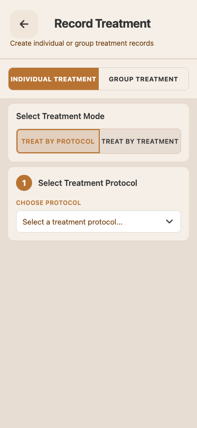 Add Treatment screen — pen picker, protocol dropdown, tag entry, drug list with auto-calculated dosages by weight, hospital pen toggle