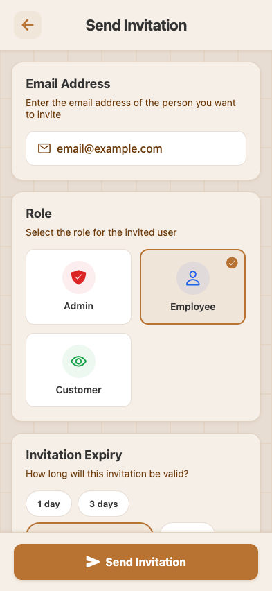 Send Invitation form — email, role picker, permissions overrides, optional personal message