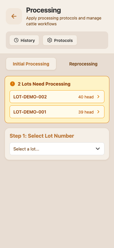 Processing screen — list of processing records with date, lot, head processed, products applied