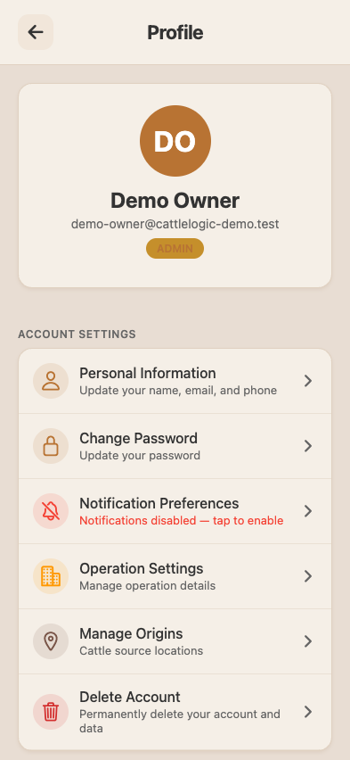 Profile page — name, email, role, current operation, last login