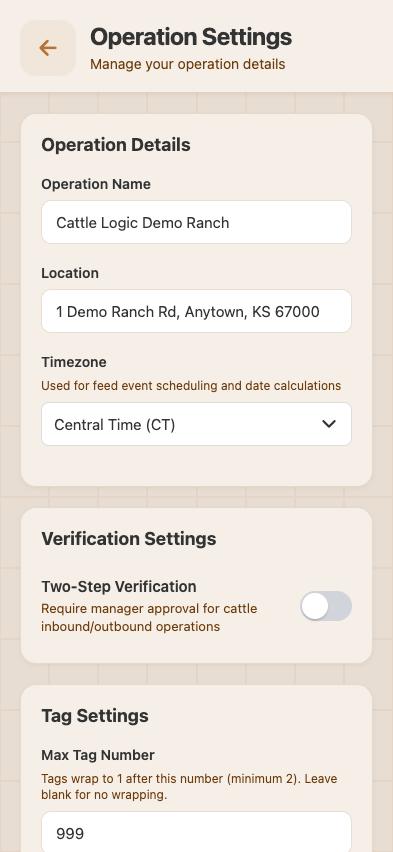Operation Settings — name, location, address, timezone, 2-step verification toggle, report scheduling, low-inventory alerts
