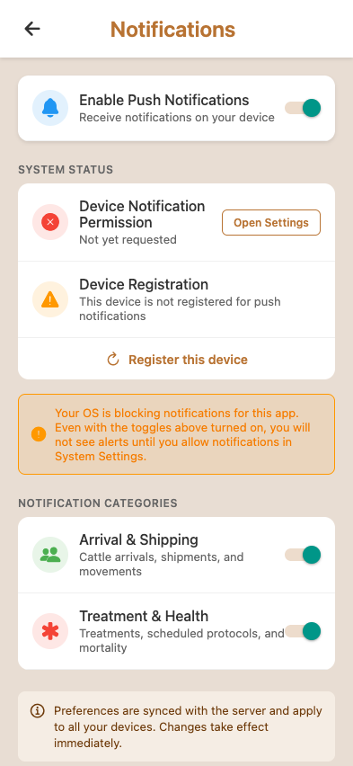 Notification settings — master toggle, then per-category toggles: arrival alerts, treatment due, payment alerts, low inventory, etc.