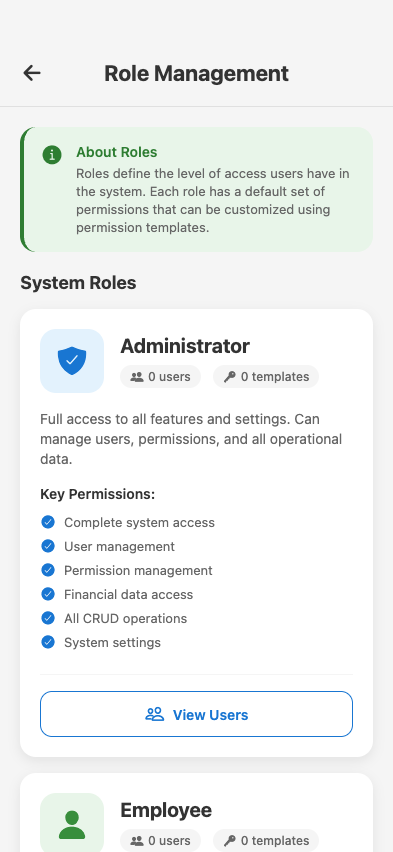 Roles screen — 4 roles with default permissions matrix preview