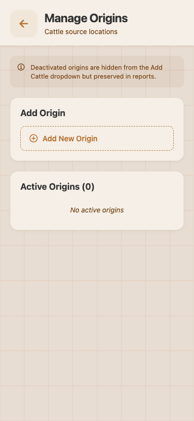 Manage Origins — list of saved origins with usage counts and active/inactive status