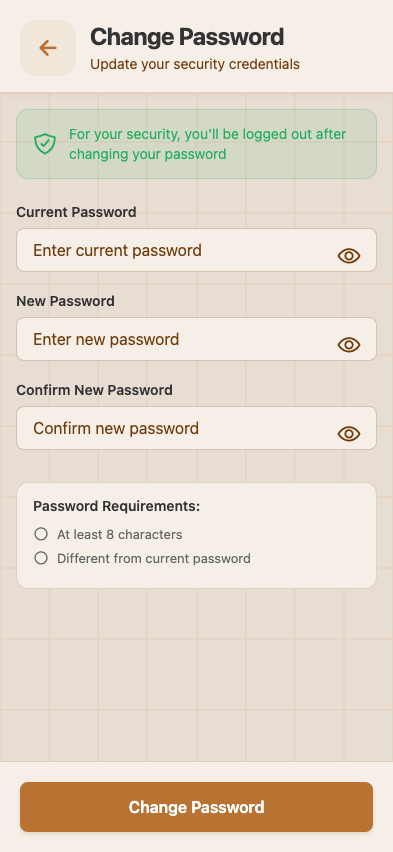 Change password — current password, new password, confirm