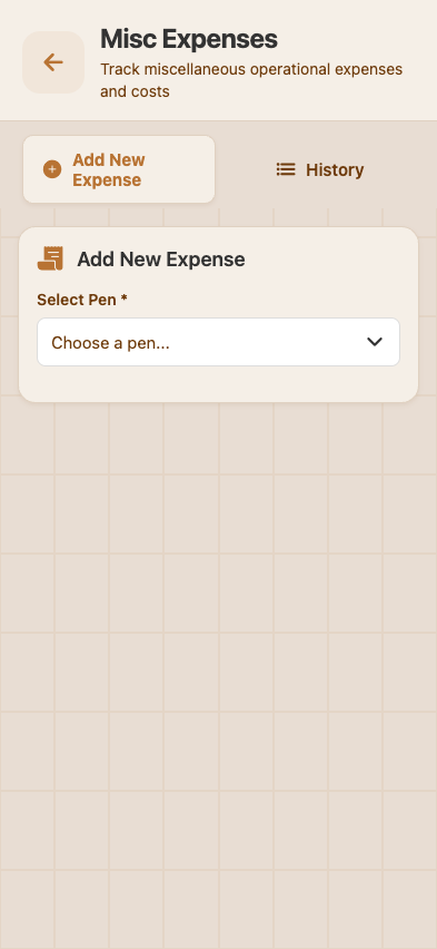 Misc Expenses screen — preset list, recent expenses with category and amount, add expense CTA