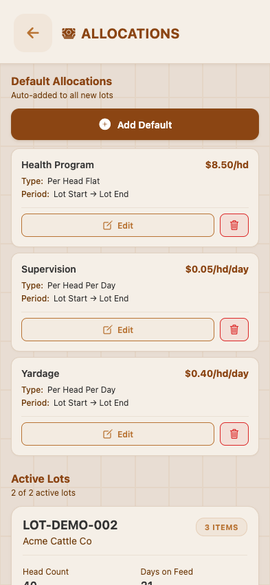 Allocations dashboard — Default Allocations section, Active Lots list with per-lot allocation summaries (LOT-DEMO-002 with 0 items)