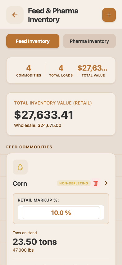Feed & Pharma Inventory landing — tabs for Feed Inventory and Pharma Inventory; for Feed: 4 commodities, 4 total loads, $27,633.41 total value at retail with $24,675 wholesale shown for comparison; below: list of commodities (Corn, DDG, Hay, etc.)