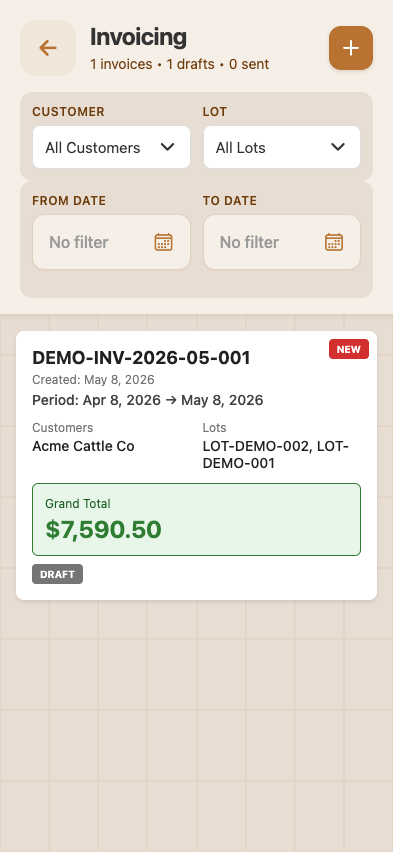 Invoicing list — DEMO-INV-2026-05-001 draft invoice for Acme Cattle Co, $7,590.50 grand total, period 30 days, head days 1170, status badge 