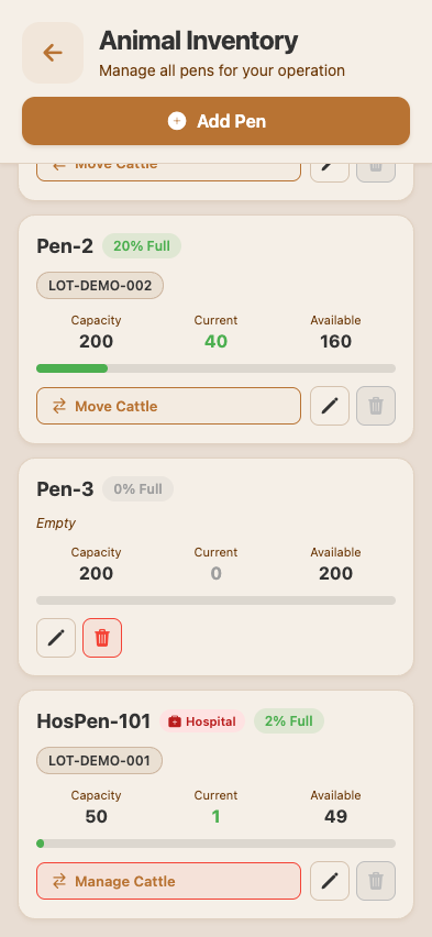 Hospital Pen Management — list of cattle currently in hospital pens with origin lot, days in hospital, current treatment