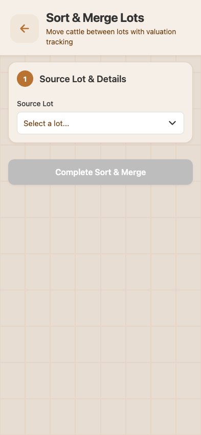 Sort & Merge — pick source lot, pen, head count, current weight, then destination lot/pen