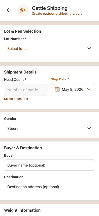 Shipping list — outbound shipments by date, lot, head, customer, status