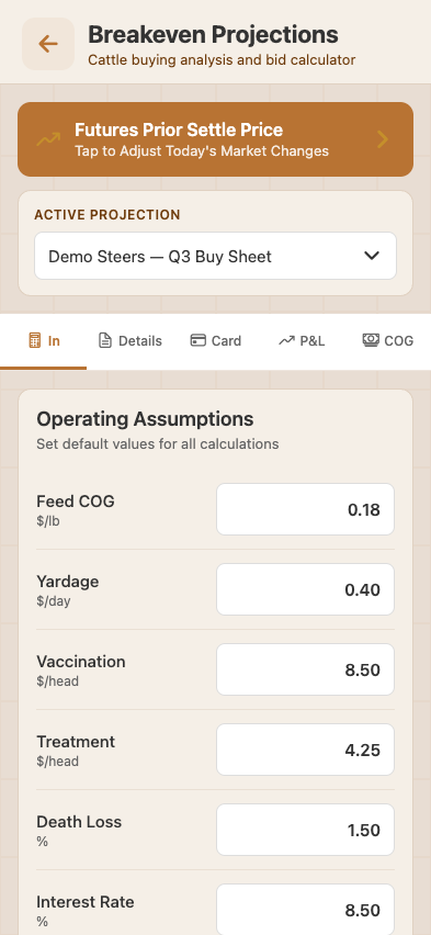 Buy Sheets index — list of saved buy sheet templates, last refresh of CME prices