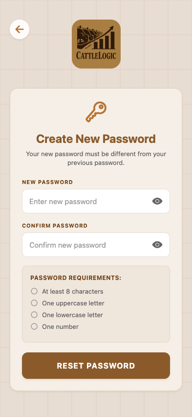 Reset password confirm — new password + confirmation