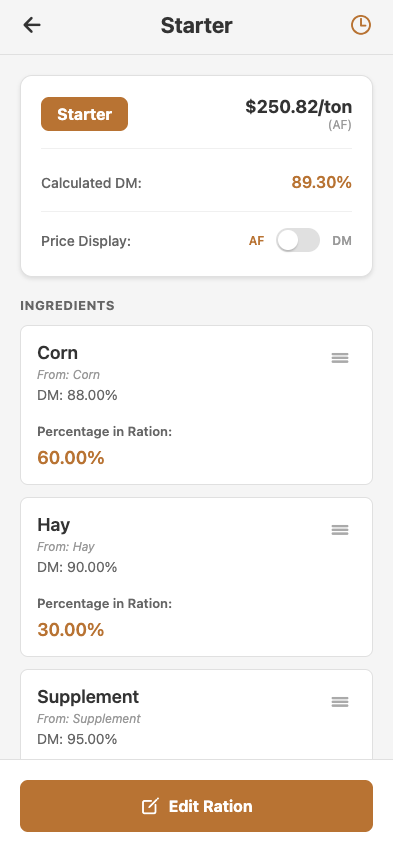 View Ration — Starter detail with ingredient breakdown, target DM %, calculated DM %, per-ton retail price