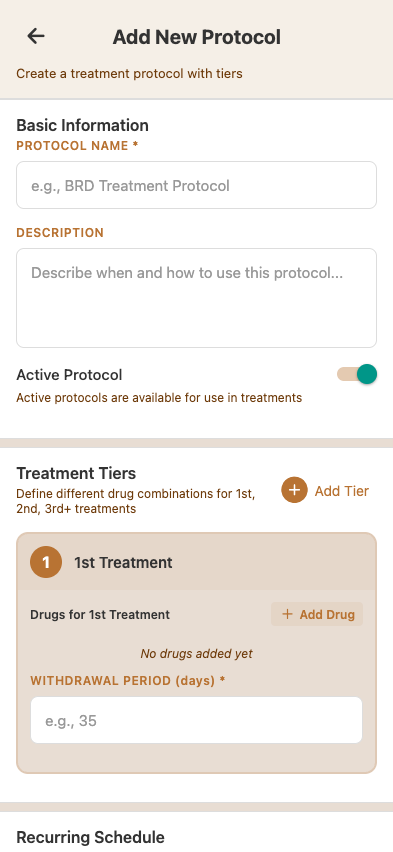 Create Protocol screen — name, description, tier 1 (drugs, dosage, withdrawal), add another tier