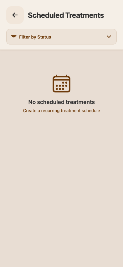 Scheduled Treatments queue — upcoming treatments with due date, lot, animal tag, drugs to administer
