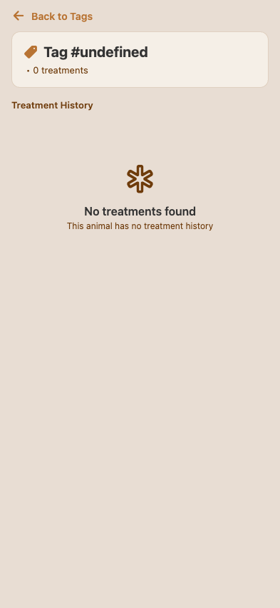 Tag detail screen — animal tag, lot, all treatments in chronological order with drugs and outcomes