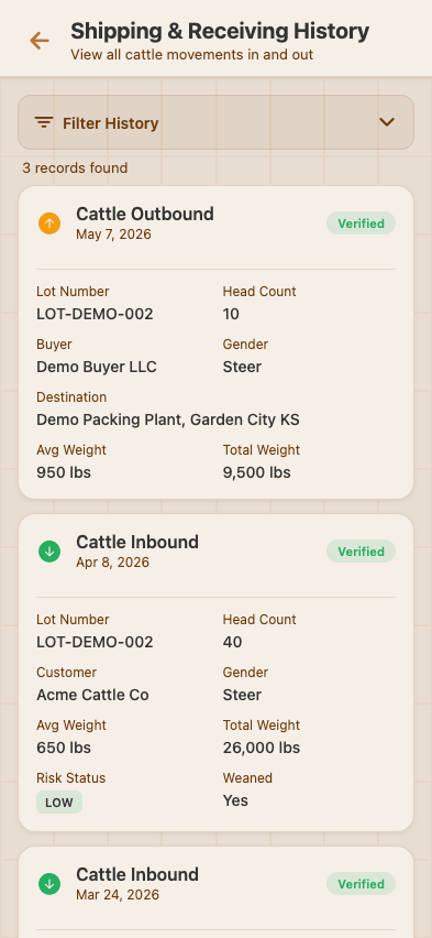 Cattle history page — chronological list of inbound and outbound receipts with dates, lot IDs, and head counts