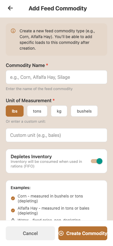 Add Commodity form — name, category, supplier, tons, price per ton, DM%, retail markup