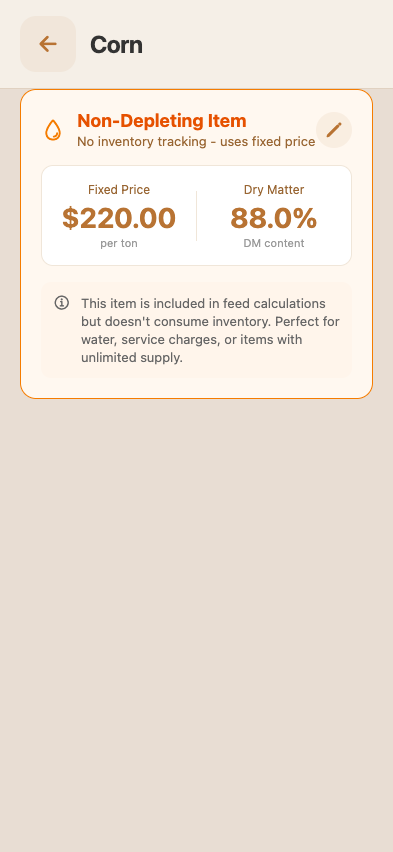 Commodity detail (Corn) — load history with date, tons, price, FIFO usage, current FIFO front price