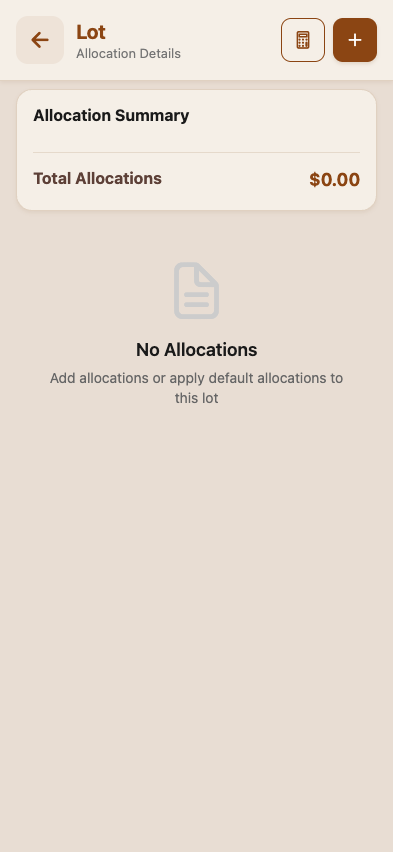 Lot Allocations editor — list of allocations applied to the lot with rate, quantity, total
