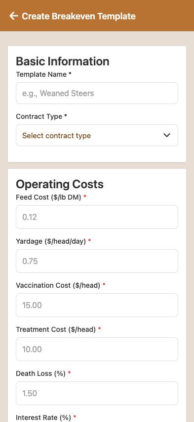 Buy Sheet Create — feed COG calculator (ADG, DM intake, weights, ration DM%, as-fed cost, per-ton cost), profit calculator inputs