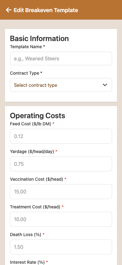 Buy Sheet Edit — same template open for edits, with current values reflected