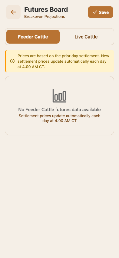 Futures Board — JAN through DEC contract grid for live cattle and feeder cattle, basis adjustment column, final price column